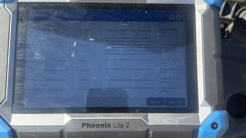 Scan tool screen showing engine trouble codes